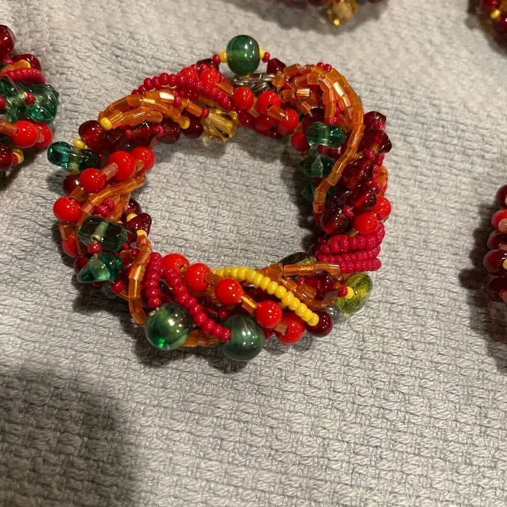 Green Glass Silver Wire Napkin Rings Red Orange Glass Beads Napkin Rings 16 TTL